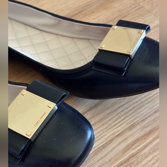 Cole Haan Tali Modern Bow Ballet Flats in Black Leather w/ Gold Hardware - Picture 3 of 6